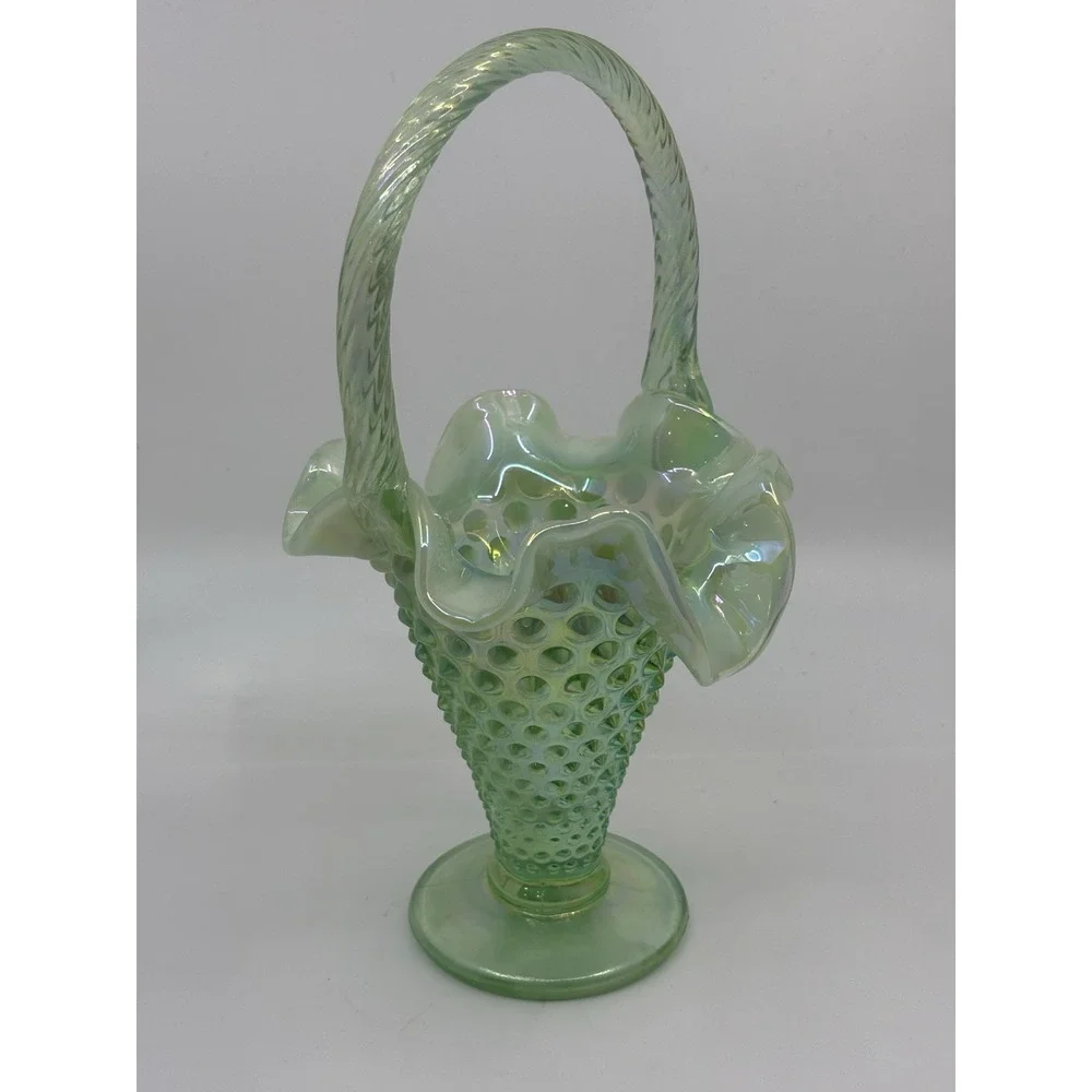 Vintage FENTON Sea Mist Green Opalescent Hobnail  Basket  w/ Twisted Handle
